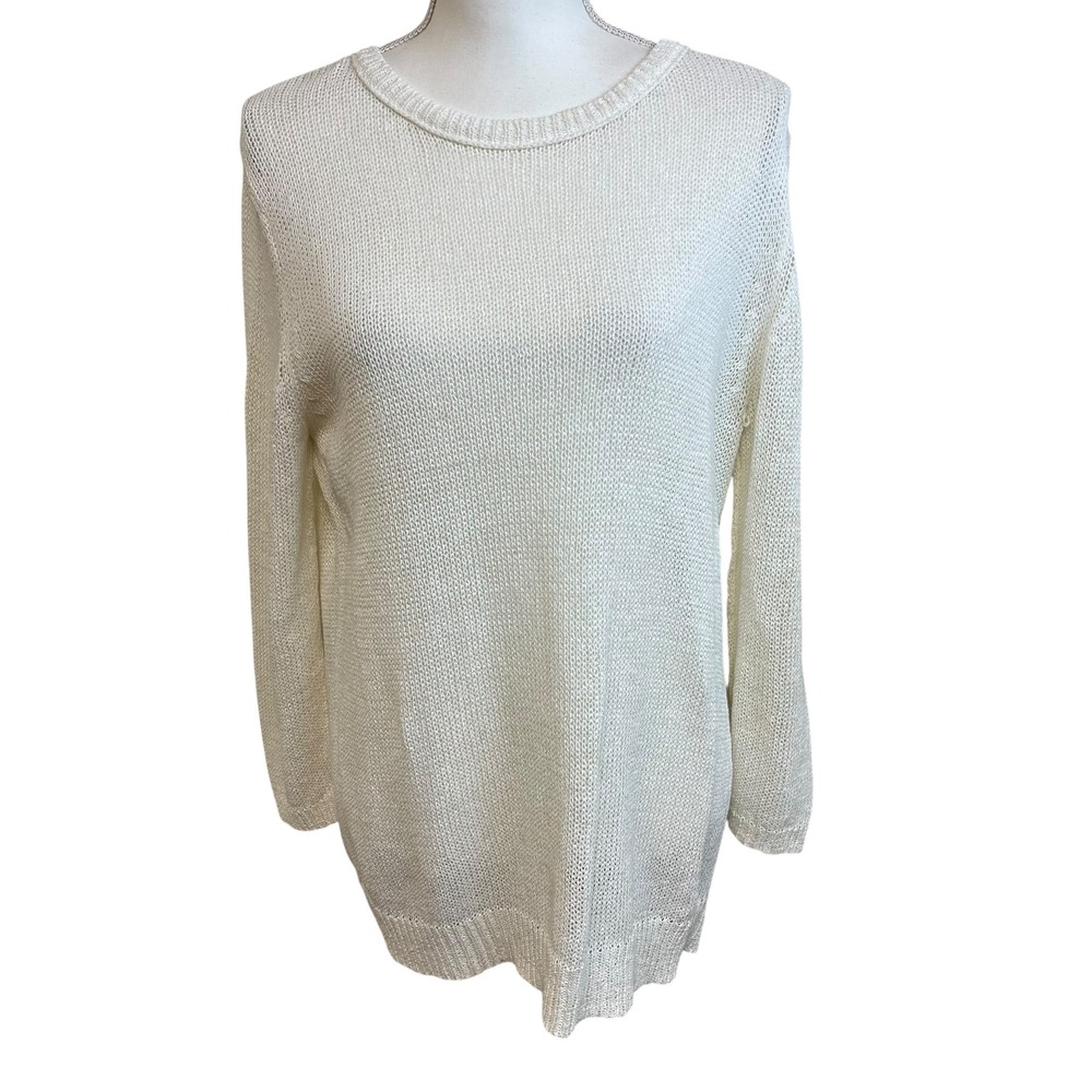 360 SWEATER Ivory White Linen Blend‎ Knit Sweater Casual Sz M Relaxed Fit Travel